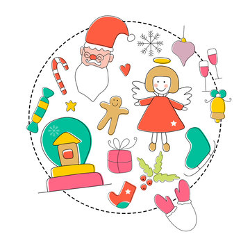 Christmas icon set in color. Vector doodle illustration.