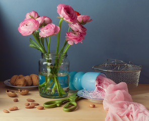 Still life with pink ranunculus flower bouquet