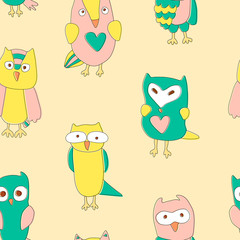 Seamless and colourful pattern with doodle owls.