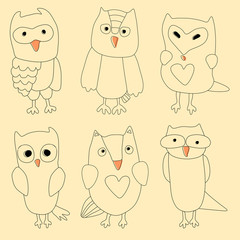 Hand drawn vintage doodle owl set.