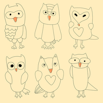Hand drawn vintage doodle owl set.