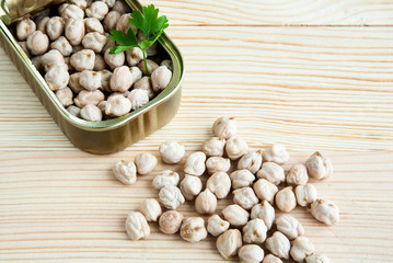 Chickpeas in tin can on wood
