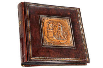 Leather expensive photo album with embossed iron plate