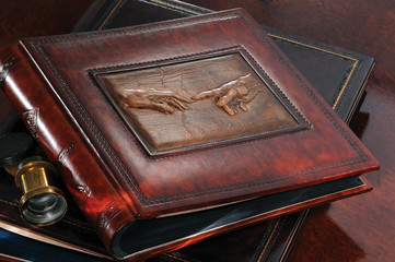 Expensive leather photo album with a reproduction of Da Vinci
