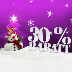 Fototapeta na wymiar Christmas snowman 30 percent Rabatt Discount
