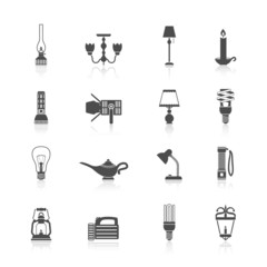 Flashlight and lamps icons black set