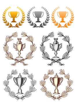 Cup trophies with laurel wreath