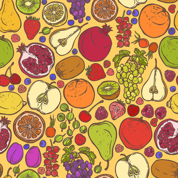 Fruits and berries sketch seamless pattern
