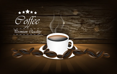 Coffee vector background with cup and coffee bean