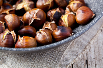 roasted chestnuts in a pan