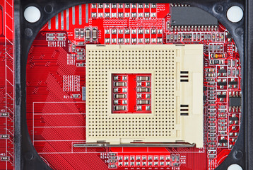 Printed computer motherboard, CPU socket, close up