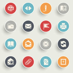 Email icons with color buttons on gray background.