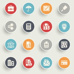 Banking icons with color buttons on gray background.