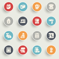 Home appliances icons with color buttons on gray background.