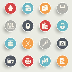 Document icons with color buttons on gray background.