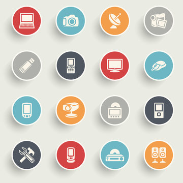Electronics icons with color buttons on gray background.