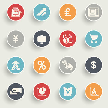 Finance icons with color buttons on gray background.