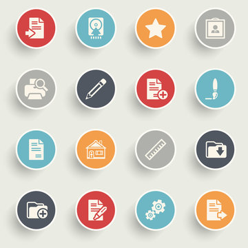 Document icons with color buttons on gray background.