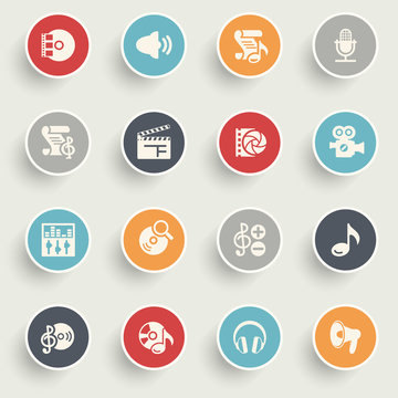 Audio video icons with color buttons on gray background.