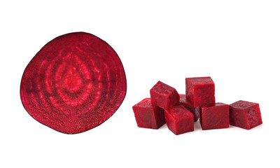 Beetroot cube and slice isolated on white background