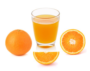 fresh orange fruits and juice isolated on white