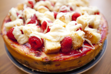 A raspberry white chocolate cheesecake.