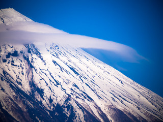 Cloud on Mount Fuji covered in snow