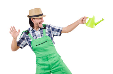 Funny gardener with watering can isolated on white