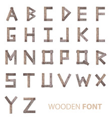 Wooden alphabet fonts on white background