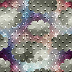 Drops of the rain and snowflakes on clouds background