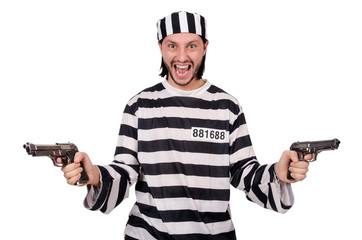 Prison inmate with gun isolated on white