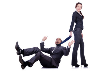 Office conflict between man and woman isolated on white