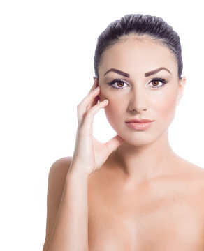 Young beautiful woman has put to cheek