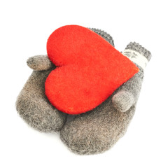 Red heart in two gray mittens
