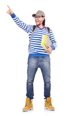 Student pressing virtual button isolated on white