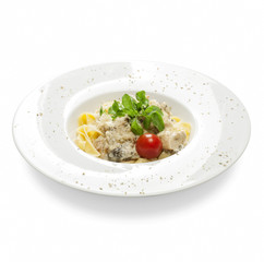 Freshly cooked pasta with mushrooms, basil, cheese and spices on