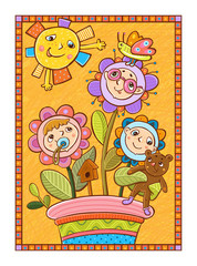 дети-цветы растут в цветочном горшке.