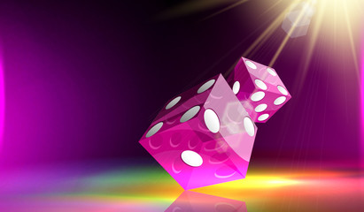 Two Purple dice cubes flying on a colorful background