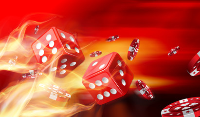Hot dice game concept with Gambling chips flying