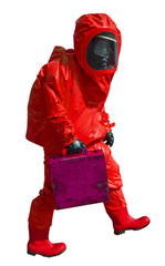 Man with briefcase in protective hazmat suit, isolated on white