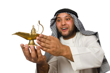 Arab man with lamp isolated on white