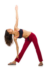 Young woman doing exercises on white