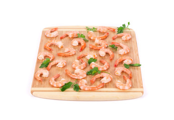 Boiled shrimps on cutting board