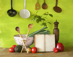 empty cookbook with vegetables and kitchen utensils, cooking con