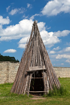 Traditional Estonian tent - koda-in Narva citadel , Estonia ..