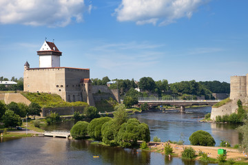 Fototapeta na wymiar Estonia. Narva. Ancient fortress on border with Russia..