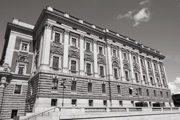 Fototapeta na wymiar Parliament of Sweden. Black and white photo.