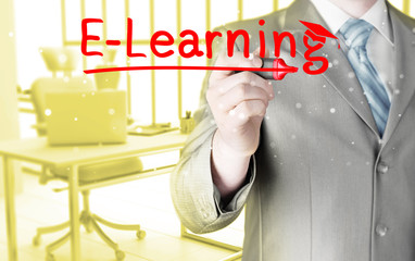 business man writing e-learning concept