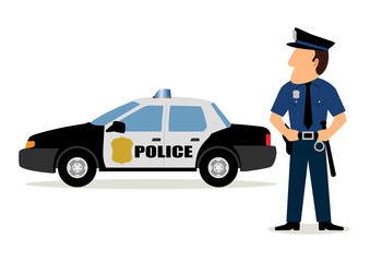 Simple cartoon of a policeman and police car