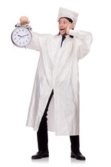 Student missing his deadlines with clock on white